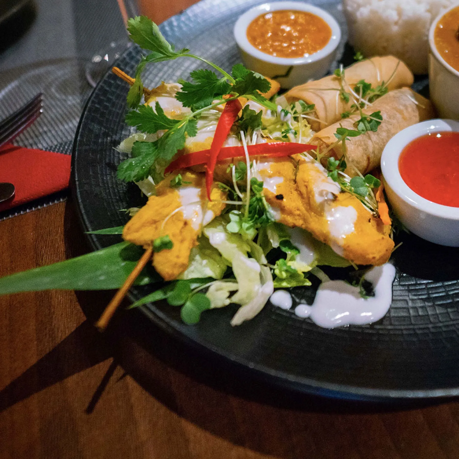 Chicken satay with spring rolls and peanut sauce